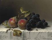 Prunes and grapes on a damast tablecloth, Johann Wilhelm Preyer